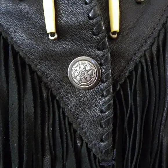 A. M. Bernardo Women's Black Leather Beaded Fringe Hippie Motorcycle Jacket XS - Picture 7 of 9